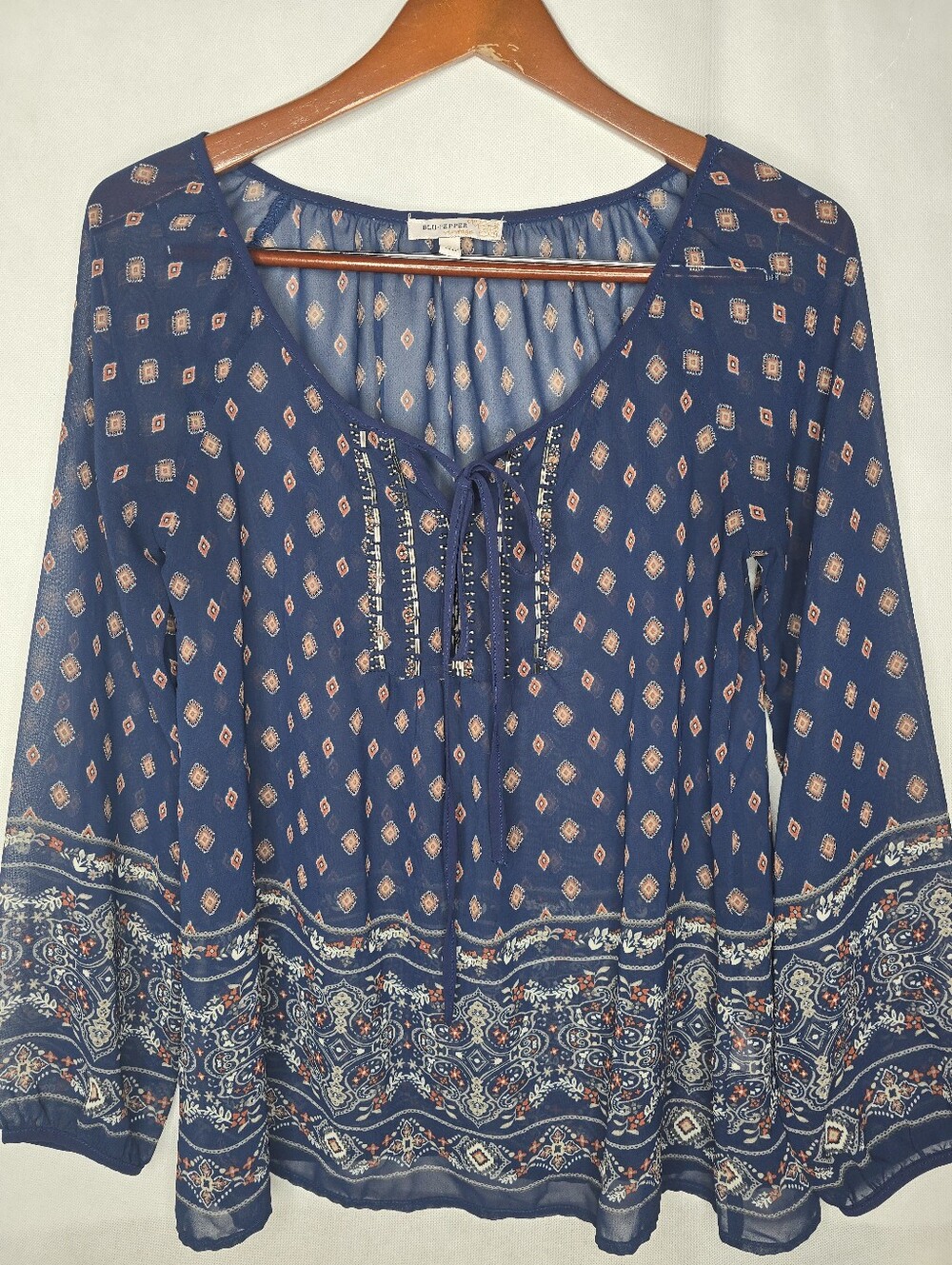 Blu Pepper Sheer Peasant Top Navy Blue Beaded Tie Neck Long Sleeve Boho Festival